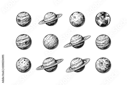 Collection of hand-drawn planets and celestial bodies in a vintage sketch style