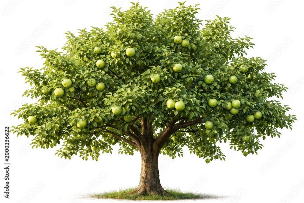 Fototapeta premium Lush green apple tree bearing large fruits isolated on a pure white backdrop