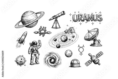 Collection of hand-drawn space exploration and celestial body illustrations