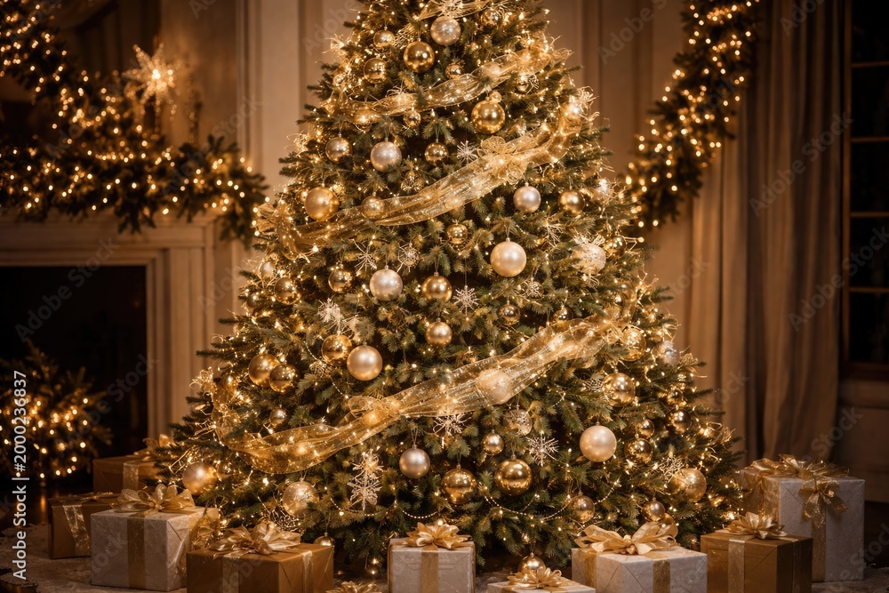 Fototapeta premium Elegant Christmas tree decorated with shiny ornaments and festive garlands