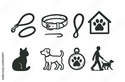 Dog walking and pet care icons with dog, cat and accessories.
