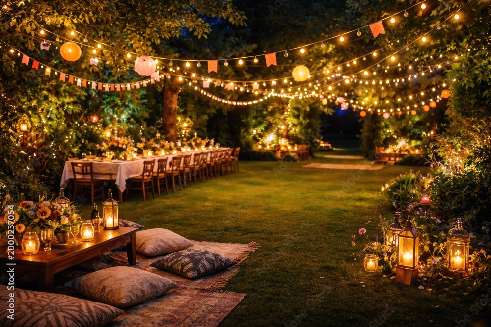 Fototapeta premium Garden party setup at night with vibrant festive decorations and space for copy