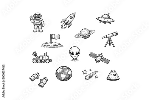 Collection of hand-drawn space exploration and extraterrestrial elements