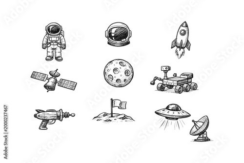 Collection of hand-drawn space exploration and science fiction icons