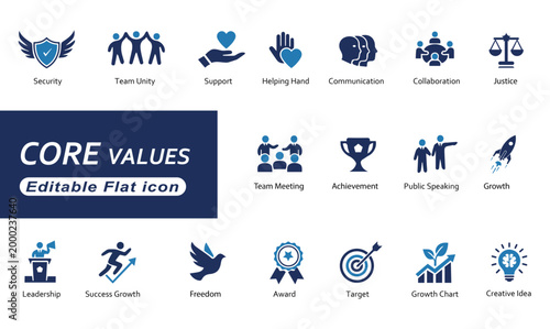 Core Values Business Solid Icons for Company Culture featuring Integrity Teamwork Leadership Professional Vector Set