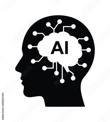Artificial Intelligence brain concept, black human head silhouette with white cloud and AI text, neural network connections, technology and machine learning vector icon