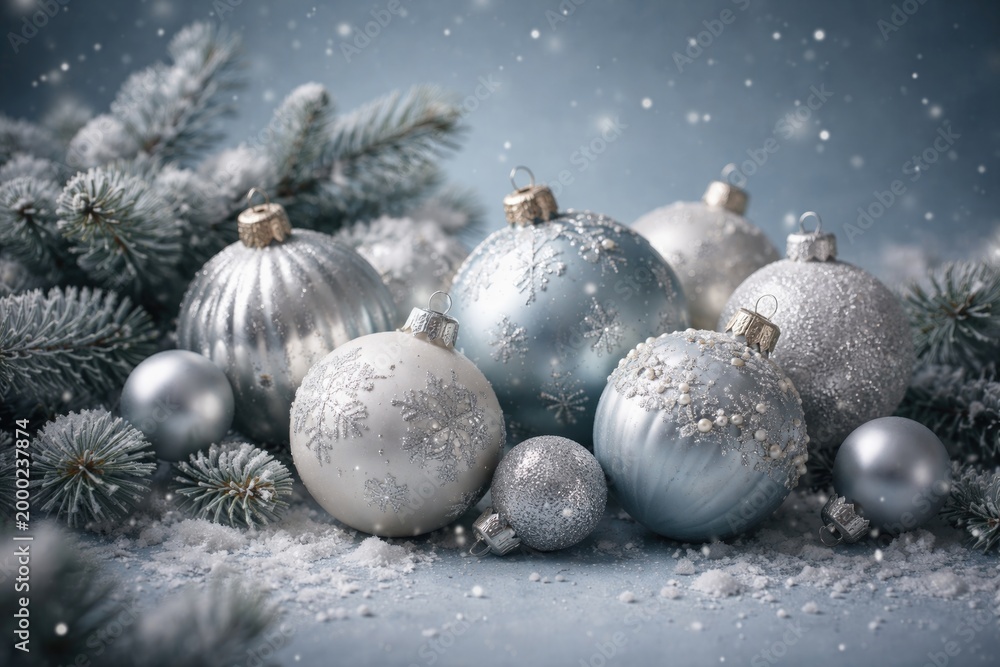 Fototapeta premium Christmas ornament collection on a muted blue backdrop evoking a serene winter mood