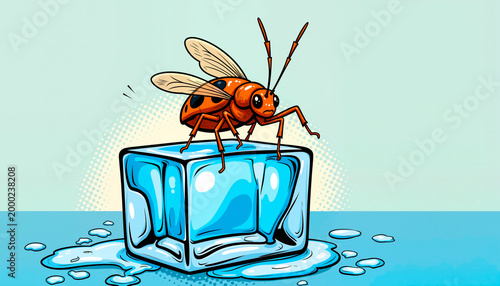 Melting ice cube with emerging bug, dynamic comic art style