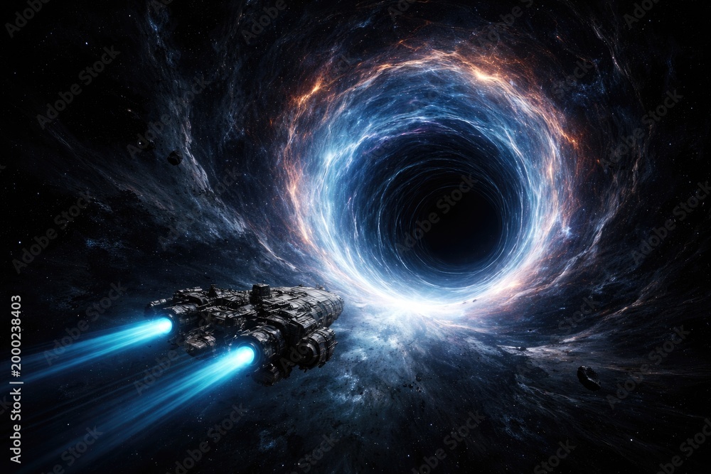 Fototapeta premium Journey of a vessel entering a dimensional wormhole with black void surroundings