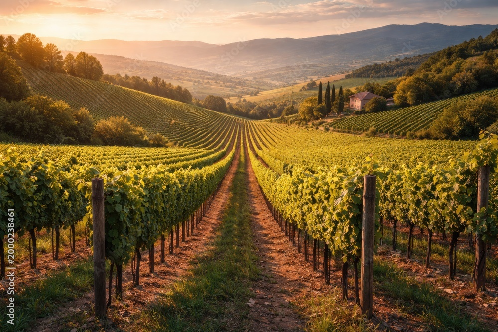 Obraz premium Breathtaking vineyard vista highlighting the harmony of nature and cultivated grape rows