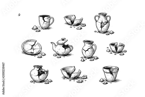Collection of broken ceramic pottery and vessels scattered with debris