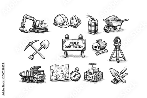 Collection of hand-drawn construction and excavation tools and symbols