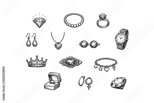 Collection of hand-drawn jewelry and precious gems in a sketch style