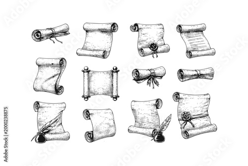 Collection of vintage scrolls and parchment documents with quill and ink