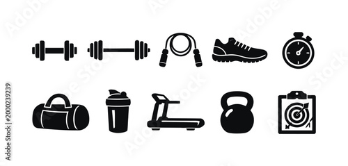 Fitness equipment and gym accessories black filled icons.