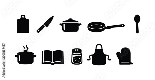 Kitchen cooking icons with knife pots pans and cookbook.