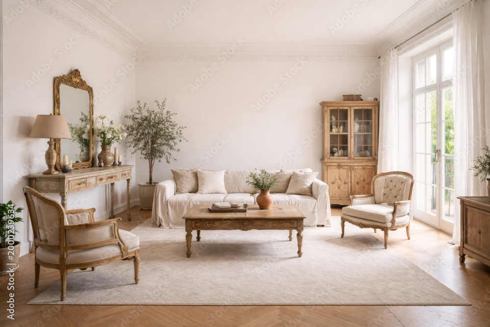 Fototapeta premium Airy Scandinavian lounge with antique style furnishings and clear copyspace for text