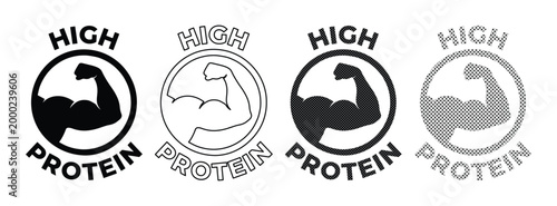 High Protein Label Vector Set, strong bicep arm icon for healthy food packaging, fitness product branding, and dietary supplement design. Black and gray, solid and outline variations included.