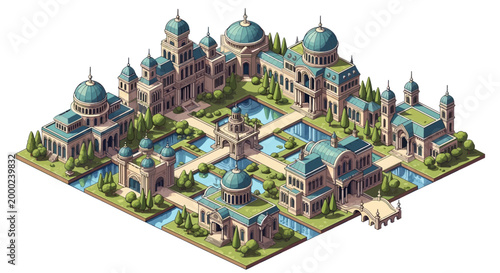 Detailed vector illustration of the Presidential Palace shows isometric design of the building, with character and icon art in a park-like setting conveying a sense of world business