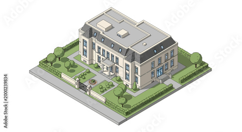 Isometric vector art depicts the Presidential Palace, with people in the park surrounding the building, designed as an icon with a clean, minimalist style and a predominantly neutral color