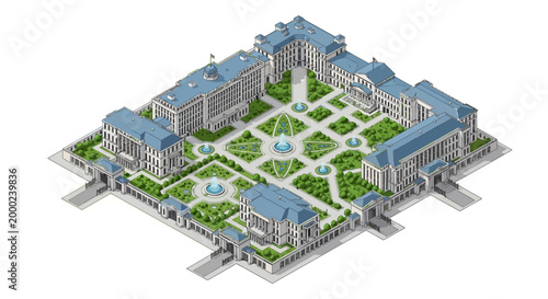 Isometric vector illustration showcasing the Presidential Palace with its surrounding park, designed as an icon with clean lines and a vibrant color palette, set against a bright