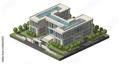 Isometric vector illustration of a presidential palace with people in the park, rendered in a clean, minimalist design against a white background, creating a modern and professional