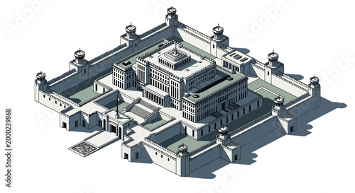 Isometric vector illustration featuring the Presidential Palace, a detailed architectural design with people depicted in the park setting, all set against a clean white background
