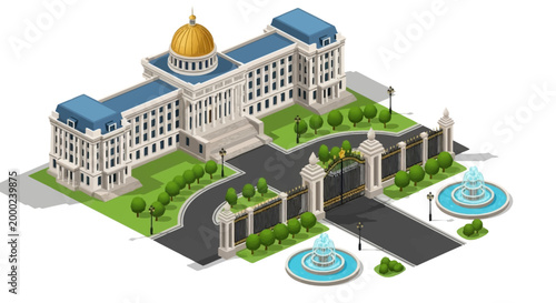 Isometric vector illustration featuring the Presidential Palace with park, set against a clean white background, showcasing architectural design with a business and world perspective