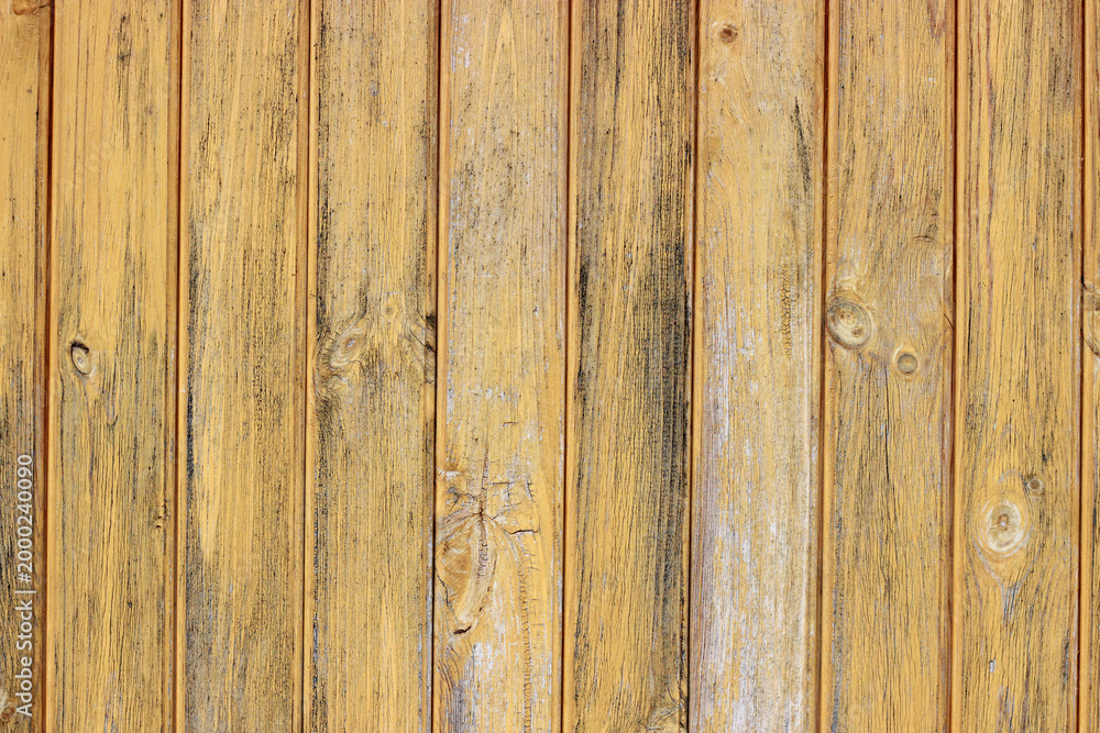 Fototapeta premium Weathered yellow wood planks with black mold and mildew texture.
