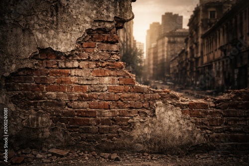 Cracked brick wall texture for copy space with worn down cityscape