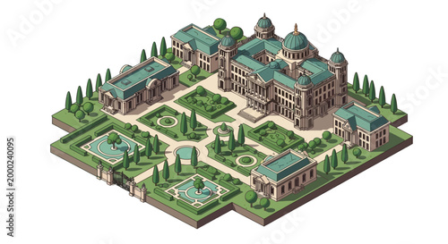 Isometric vector illustration of a Presidential Palace with lush green park, showcasing detailed building design and character icons in a bright and airy style against a clean white