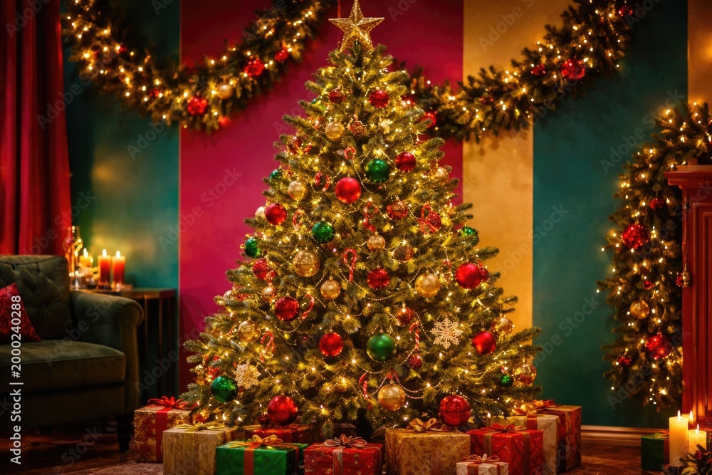 Fototapeta premium Decorated Christmas tree glowing with ornaments near a bold and colorful wall