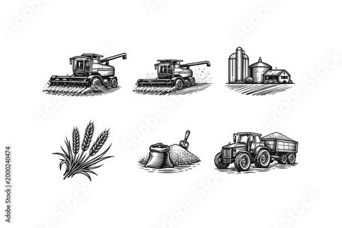 Farm equipment and harvest elements in a vintage illustration style