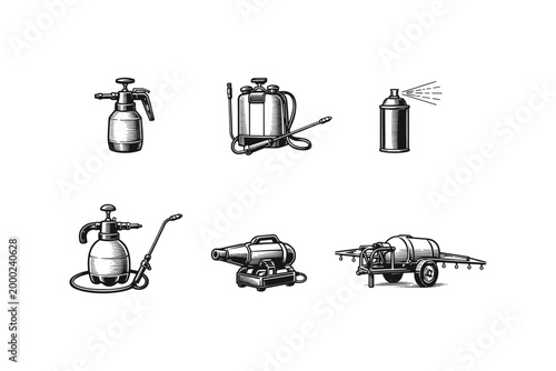 Collection of vintage agricultural sprayers and equipment for pest control