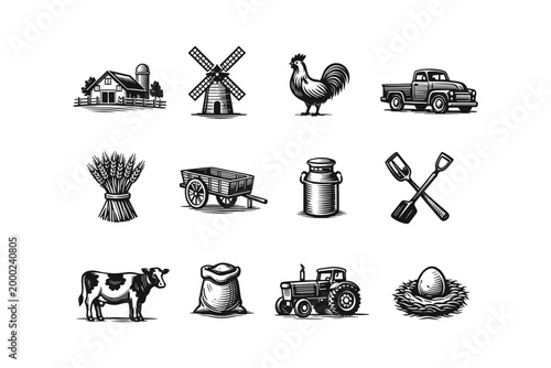 Collection of vintage farm icons featuring barn, windmill, rooster, and tractor
