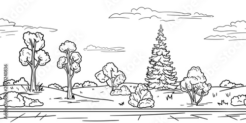 Hills and clearings along the road, sketch. Vector drawing. Trees, firs and bushes on the horizon, a seamless border isolated on a white background. Hand-drawn rural landscape