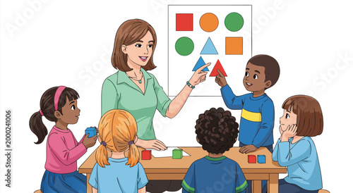 Early childhood education a teacher guides young students in a classroom identifying and sorting geometric shapes