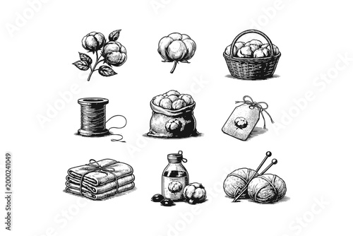 Collection of hand-drawn illustrations depicting cotton products and raw materials