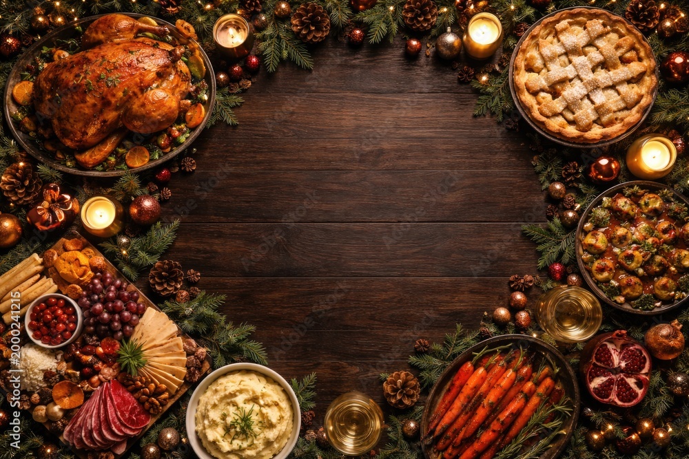 Fototapeta premium Celebratory food setup on dark wood surrounded by seasonal decorations and empty copy space for text
