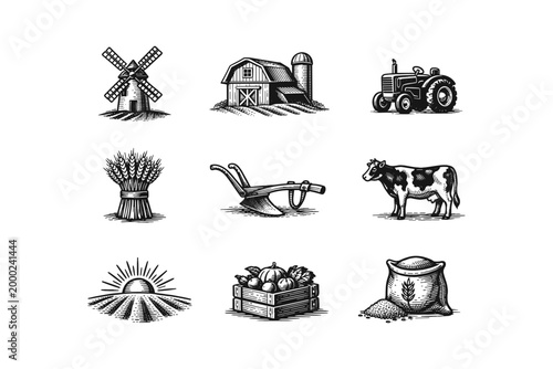 Vintage farm icons depicting rural life, agriculture, and livestock