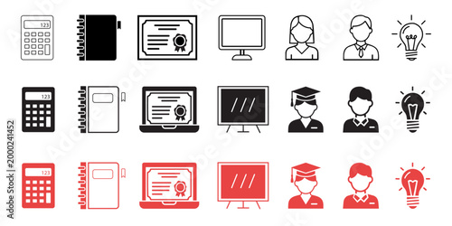 Education and online learning icon set with calculator, notebook, certificate, laptop, student, and lightbulb in outline, solid, and colored styles.