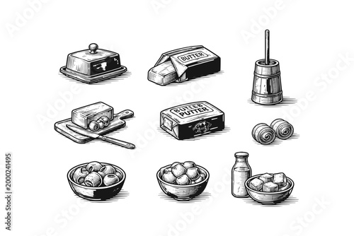 Vintage dairy products and butter making tools illustration