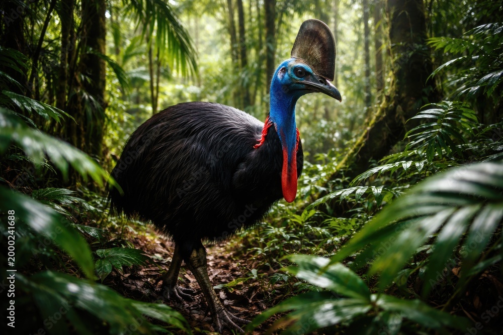 Obraz premium Wild cassowary exploring thick rainforest undergrowth