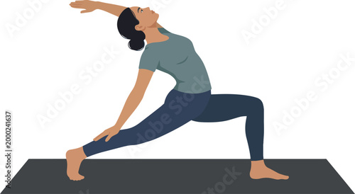 A clean, minimalist vector illustration of a woman performing the Reverse Warrior pose (Viparita Virabhadrasana), a graceful yoga posture that stretches the side body and chest while building strength