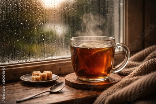 Hot tea mug with rain streaming down glass on a calm rainy morning