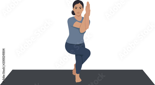 A clean, minimalist vector illustration of a woman performing the Eagle Pose (Garudasana), a balancing yoga posture that stretches the shoulders, upper back, and hips while improving focus.
