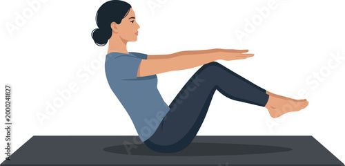 A clean, minimalist vector illustration of a woman performing a modified version of the Boat Pose (Navasana), a core-strengthening exercise.