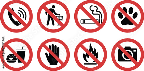 Prohibited icon set featuring no cell phone litter smoking pets eating drinking no touching fire and photography symbols for restricted area safety signage