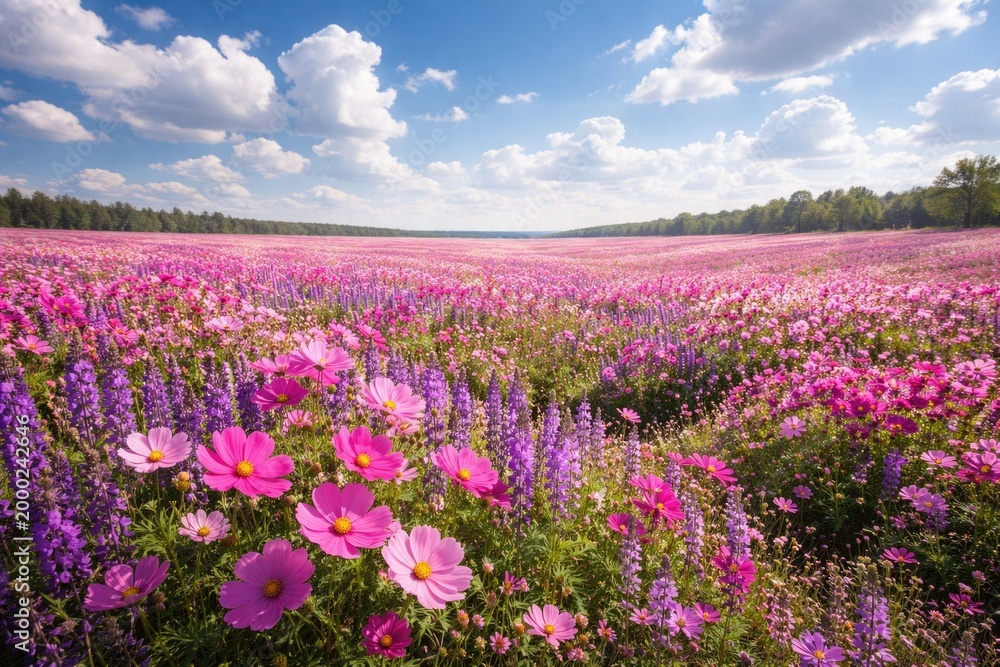 Fototapeta premium Expansive natural flower field showcasing pink and purple blossoms beneath a sunny blue sky dotted with fluffy clouds