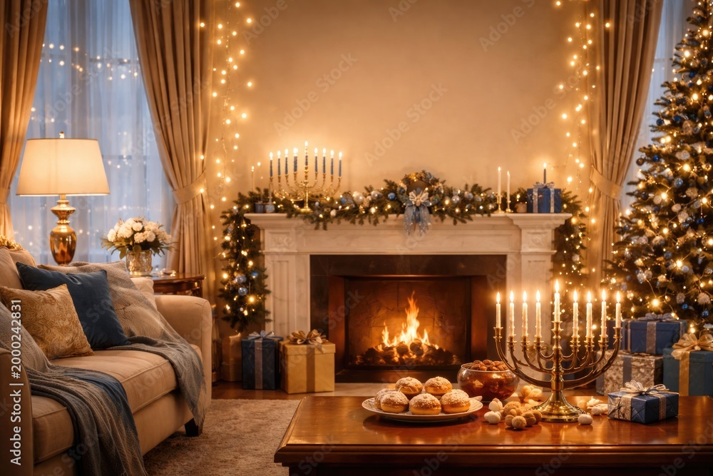 Fototapeta premium Elegant Hanukkah decorated living room showcasing copyspace for messaging